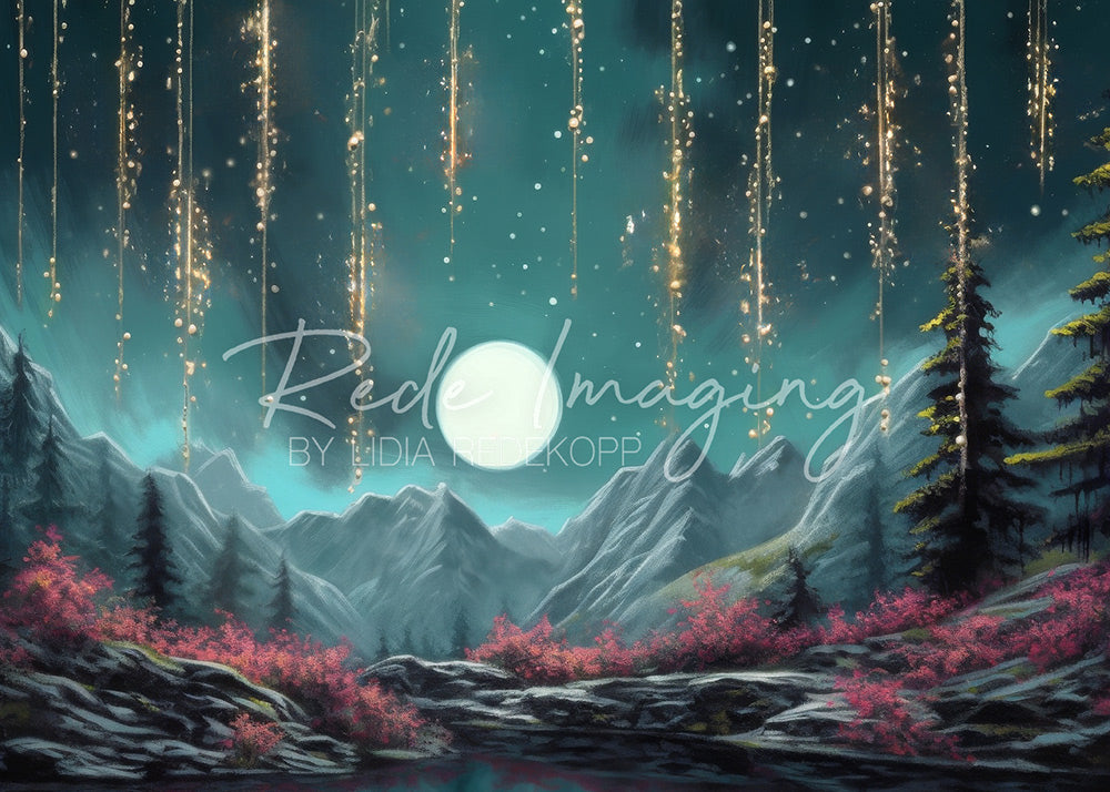 Avezano Moonlit Mountain and Sparkles Photography Backdrop Designed By