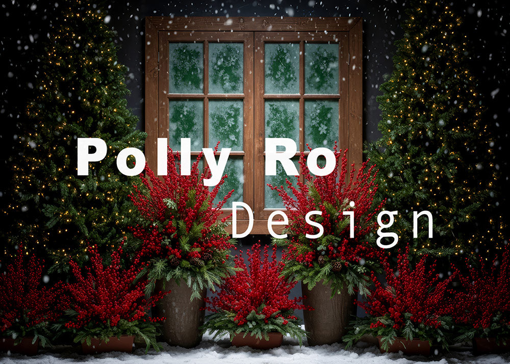 Avezano Snowy Window and Red Berries Photography Backdrop Designed By Polly Ro Design