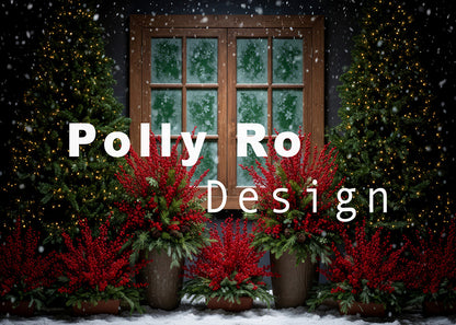 Avezano Snowy Window and Red Berries Photography Backdrop Designed By Polly Ro Design