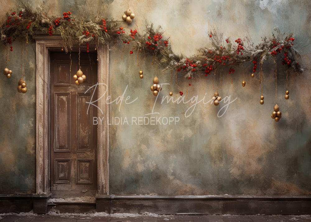 Avezano Rustic Christmas Door and Garland Photography Backdrop Designed By Lidia Redekopp