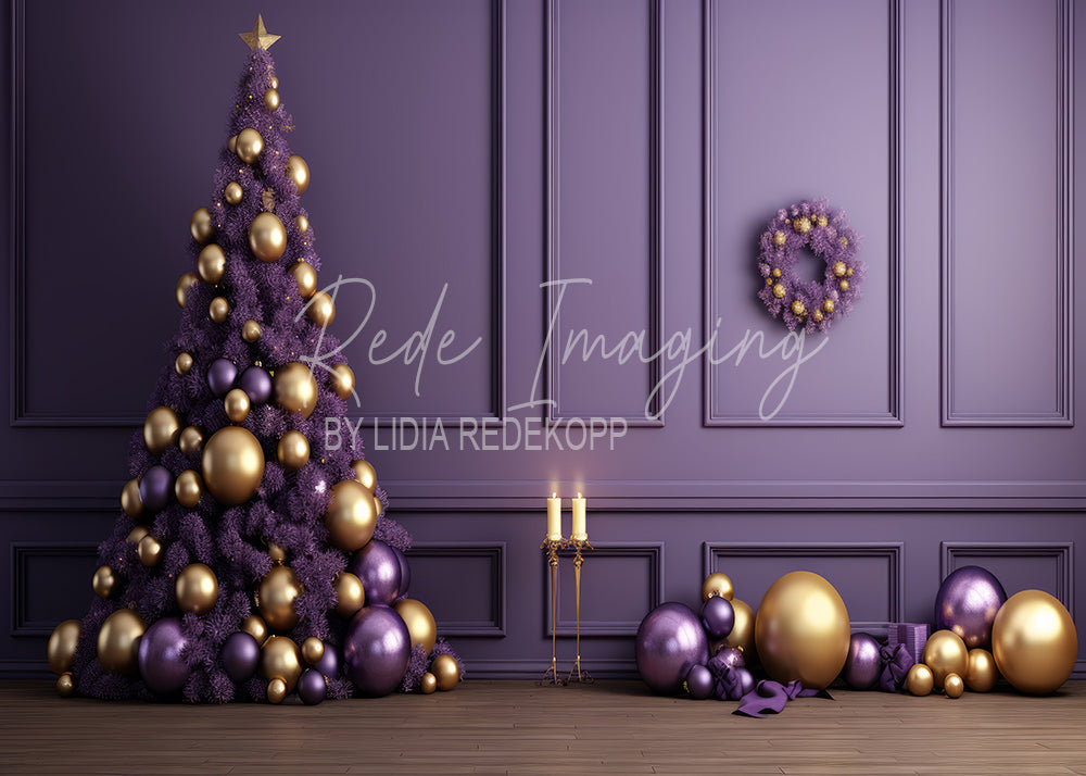 Avezano Purple and Gold Christmas Tree Photography Backdrop Designed By Lidia Redekopp