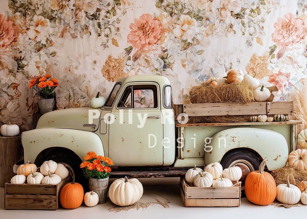 Avezano Vintage Truck and Autumn Pumpkin Photography Backdrop Designed By Polly Ro Design