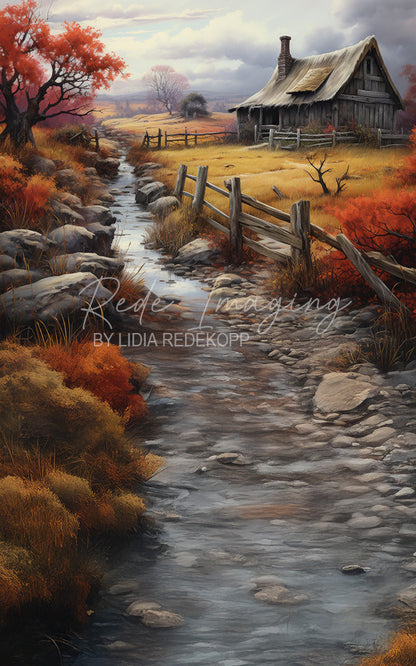 Avezano Autumn Stream Cabin Photography Backdrop Designed By Lidia Redekopp