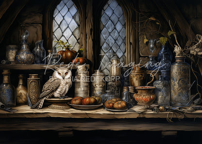 Avezano Halloween Owl Potion Shelf Backdrop Designed By Lidia Redekopp