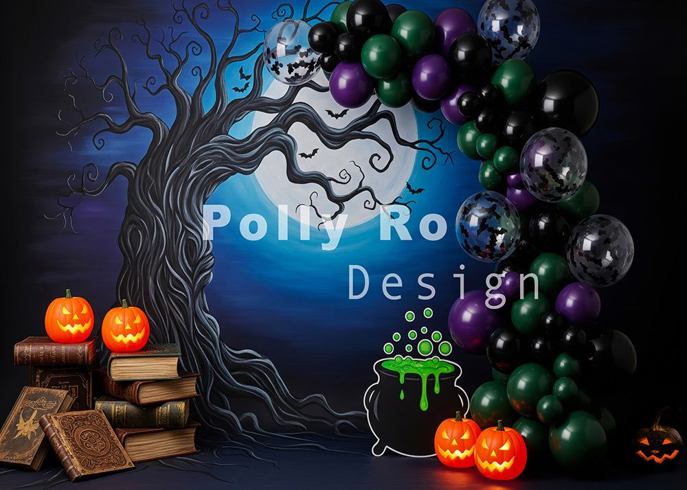 Avezano Halloween Tree Moon Cauldron Balloon Photography Backdrop Designed By Polly Ro Design