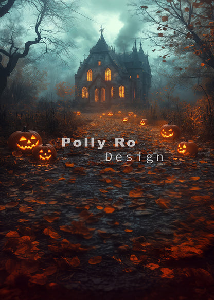 Avezano Spooky Haunted House Pumpkin Backdrop Designed By Polly Ro Design