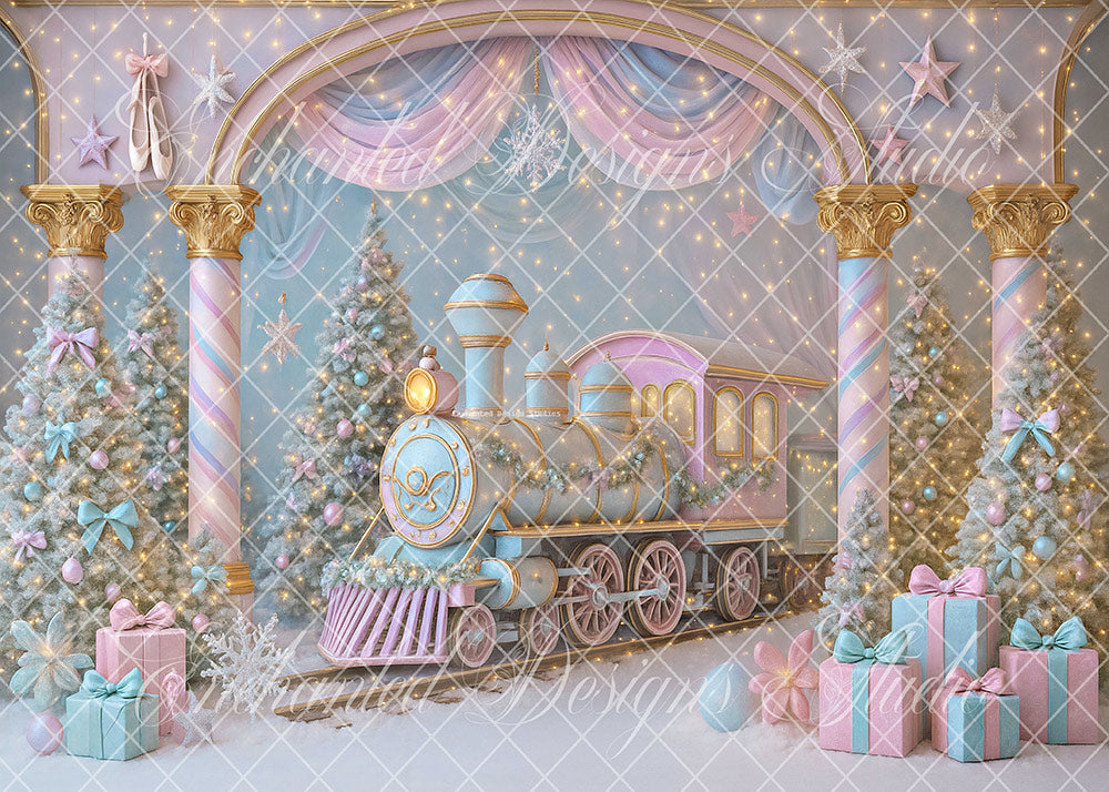 Avezano Pink Blue Christmas Train Backdrop Designed By Enchanted Design Studio