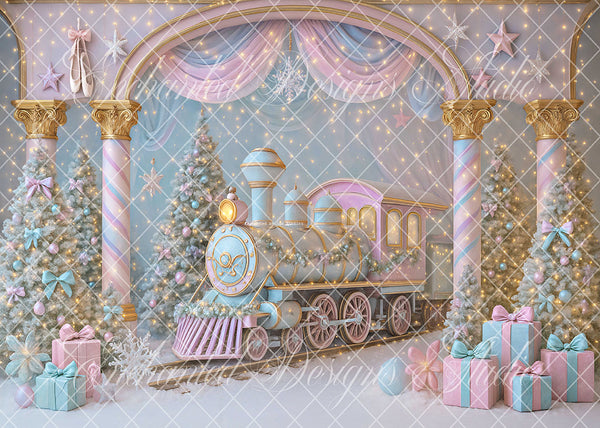 Avezano Pink Blue Christmas Train Backdrop Designed By Enchanted Desig