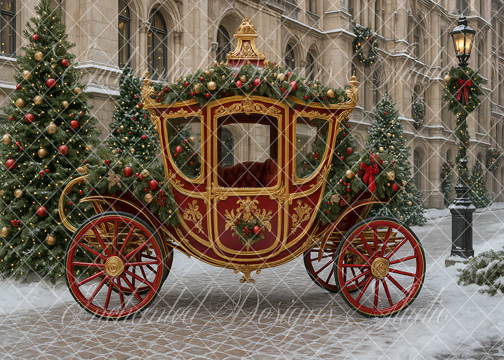 Avezano Red Golden Christmas Carriage Backdrop Designed By Enchanted Design Studio