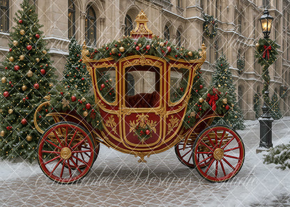 Avezano Red Golden Christmas Carriage Backdrop Designed By Enchanted Design Studio