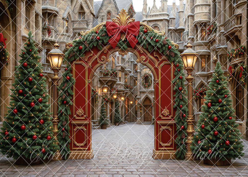 Avezano Red Golden Arch Christmas Street Backdrop Designed By Enchanted Design Studio