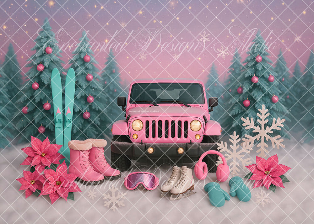 Avezano Pink Winter Adventure Jeep Backdrop Designed By Enchanted Design Studio