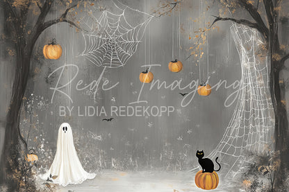 Avezano Halloween Ghost and Cat Forest Photography Backdrop Designed By Lidia Redekopp