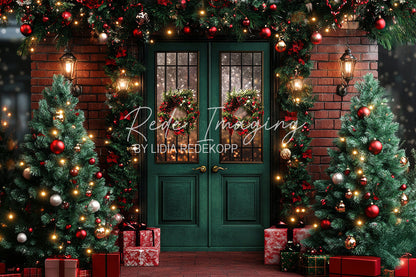 Avezano Festive Christmas Door and Tree Photography Backdrop Designed By Lidia Redekopp