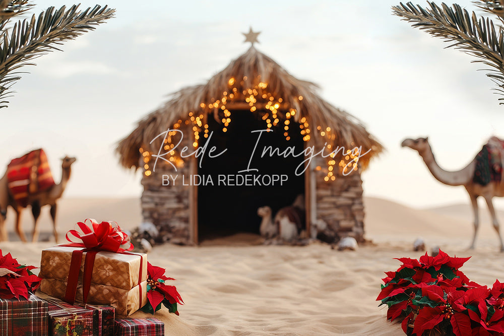 Avezano Desert Christmas Hut and Camel Photography Backdrop Designed By Lidia Redekopp