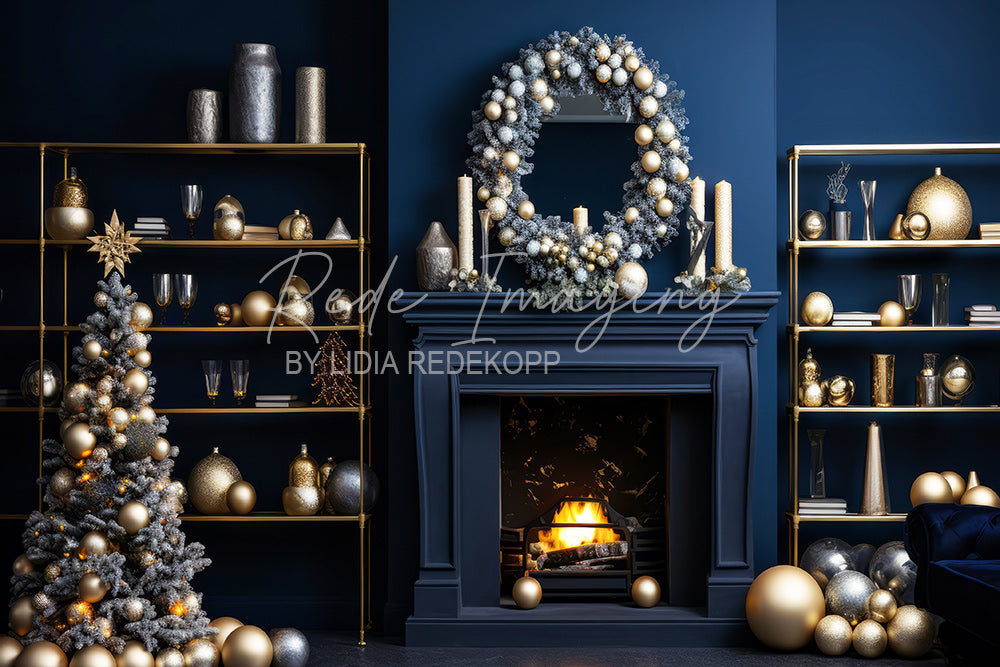 Avezano Blue Fireplace and Gold Wreath Christmas Photography Backdrop Designed By Lidia Redekopp