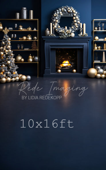 Avezano Blue Fireplace and Gold Wreath Christmas Photography Backdrop Designed By Lidia Redekopp