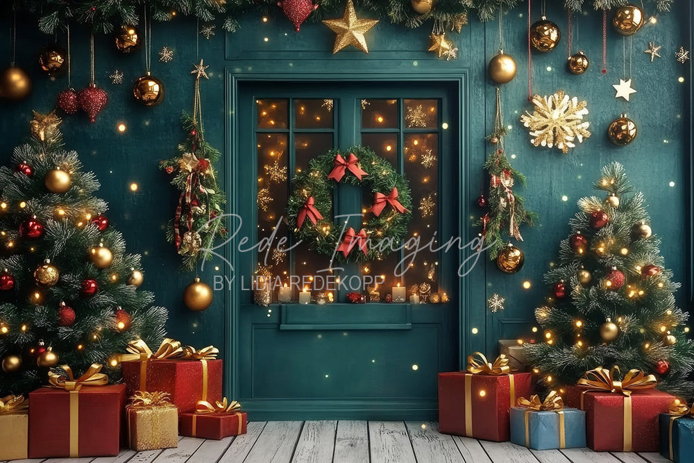 Avezano Green Door and Gift laden Christmas Photography Backdrop Designed By Lidia Redekopp