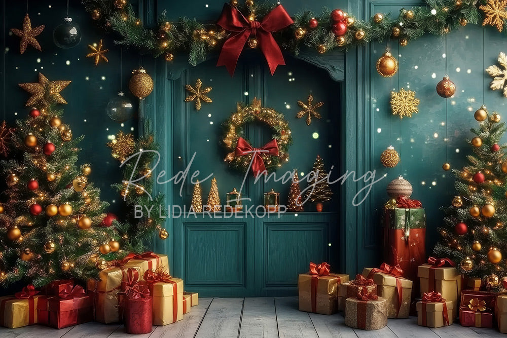 Avezano Green Cabinet and Wreath Christmas Photography Backdrop Designed By Lidia Redekopp