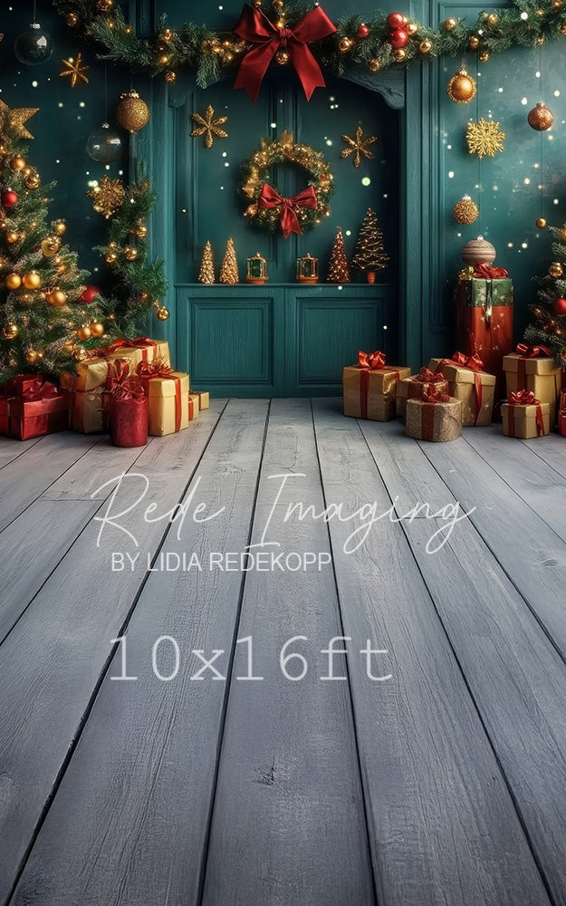 Avezano Green Cabinet and Wreath Christmas Photography Backdrop Designed By Lidia Redekopp