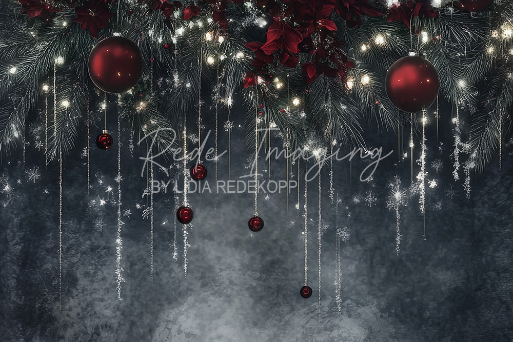 Avezano Red Ornament and Pine Branch Christmas Photography Backdrop Designed By Lidia Redekopp