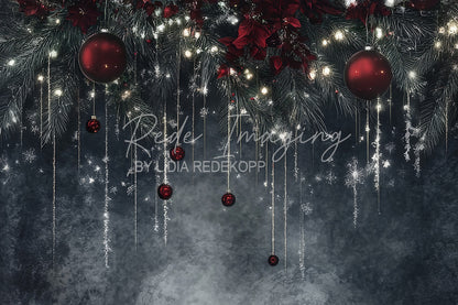 Avezano Red Ornament and Pine Branch Christmas Photography Backdrop Designed By Lidia Redekopp