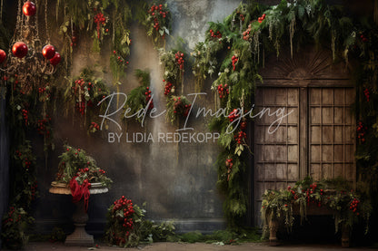 Avezano Red Berry and Greenery Vintage Door Photography Backdrop Designed By Lidia Redekopp