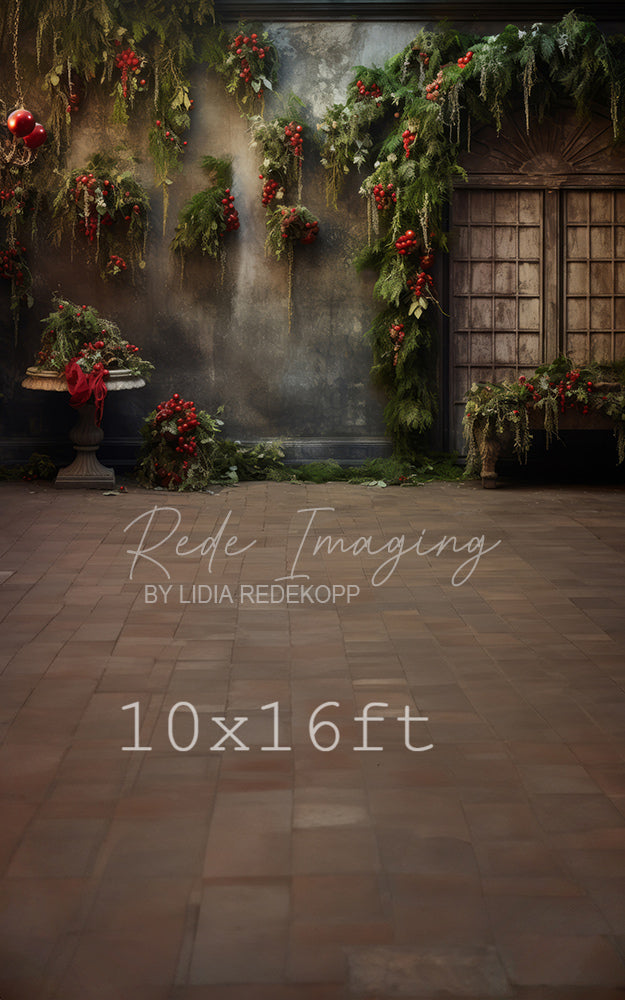 Avezano Red Berry and Greenery Vintage Door Photography Backdrop Designed By Lidia Redekopp