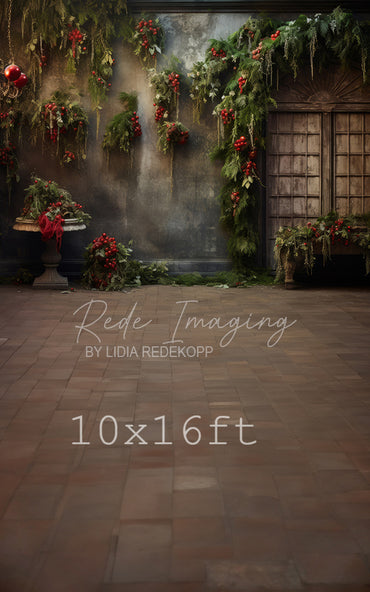 Avezano Red Berry and Greenery Vintage Door Photography Backdrop Designed By Lidia Redekopp