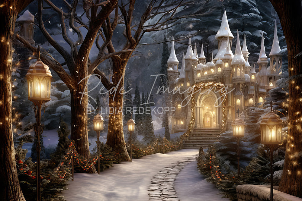 Avezano Snowy Castle Path Christmas Photography Backdrop Designed By Lidia Redekopp