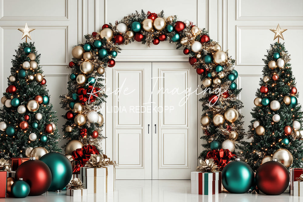 Avezano Colorful Ornament Arch and Tree Christmas Photography Backdrop Designed By Lidia Redekopp