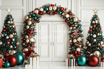 Avezano Colorful Ornament Arch and Tree Christmas Photography Backdrop Designed By Lidia Redekopp