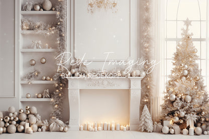 Avezano White Fireplace and Christmas Tree Photography Backdrop Designed By Lidia Redekop