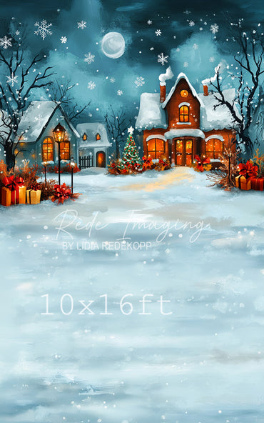 Avezano Snowy House and Moon Christmas Photography Backdrop Designed By Lidia Redekop