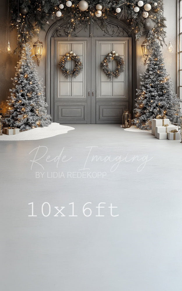 Avezano Grey Door and Snowy Tree Christmas Photography Backdrop Designed By Lidia Redekop