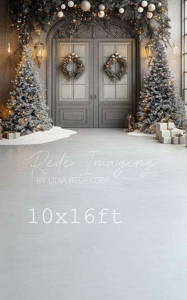 Avezano Grey Door and Snowy Tree Christmas Photography Backdrop Designed By Lidia Redekop