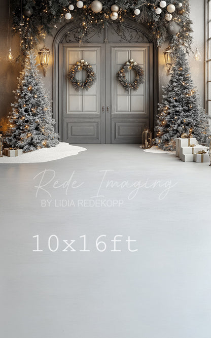 Avezano Grey Door and Snowy Tree Christmas Photography Backdrop Designed By Lidia Redekop