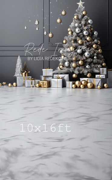 Avezano Grey Wall Silver and Gold Ornament Christmas Tree Photography Backdrop Designed By Lidia Redekop