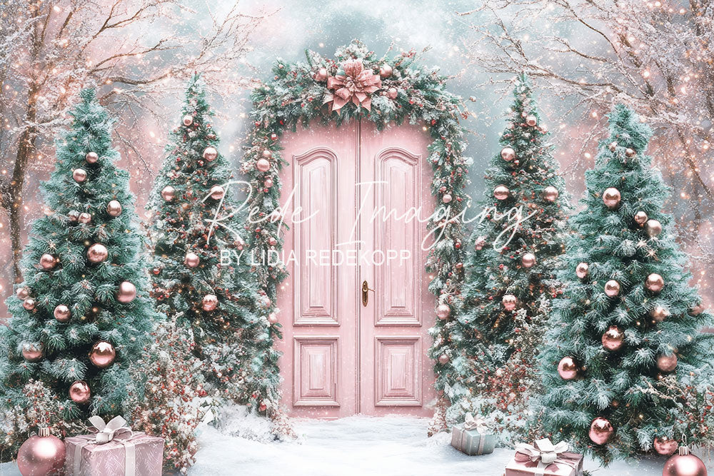 Avezano Pink Door and Christmas Tree Photography Backdrop Designed By Lidia Redekop