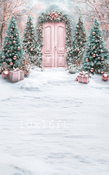 Avezano Pink Door and Christmas Tree Photography Backdrop Designed By Lidia Redekop
