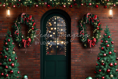 Avezano Brick Wall Green Door Christmas Photography Backdrop Designed By Lidia Redekop