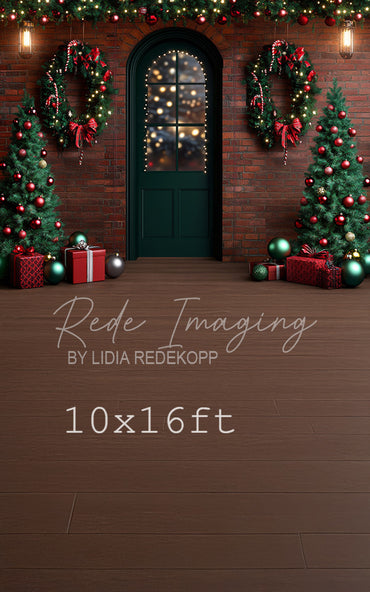 Avezano Brick Wall Green Door Christmas Photography Backdrop Designed By Lidia Redekop