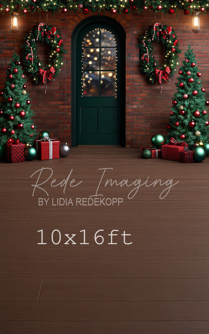 Avezano Brick Wall Green Door Christmas Photography Backdrop Designed By Lidia Redekop