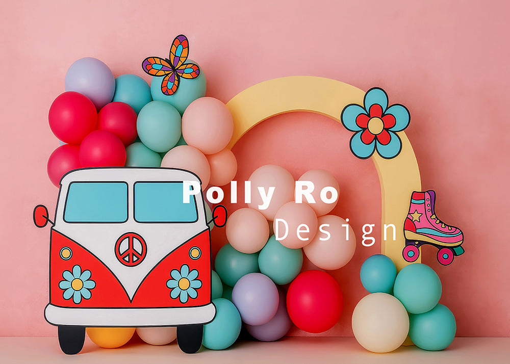 Avezano Hippie Van and Balloon Cakesmash Backdrop Designed By Polly Ro Design