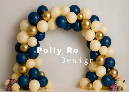 Avezano Navy Blue and Gold Balloon Arch Backdrop Designed By Polly Ro Design