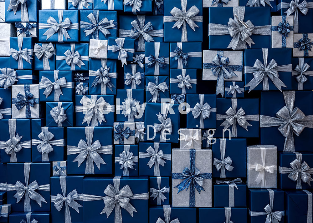 Avezano Blue and Silver Gift Box Backdrop Designed By Polly Ro Design