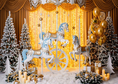 Avezano Carousel and Golden Curtain Christmas Backdrop Designed By Polly Ro Design