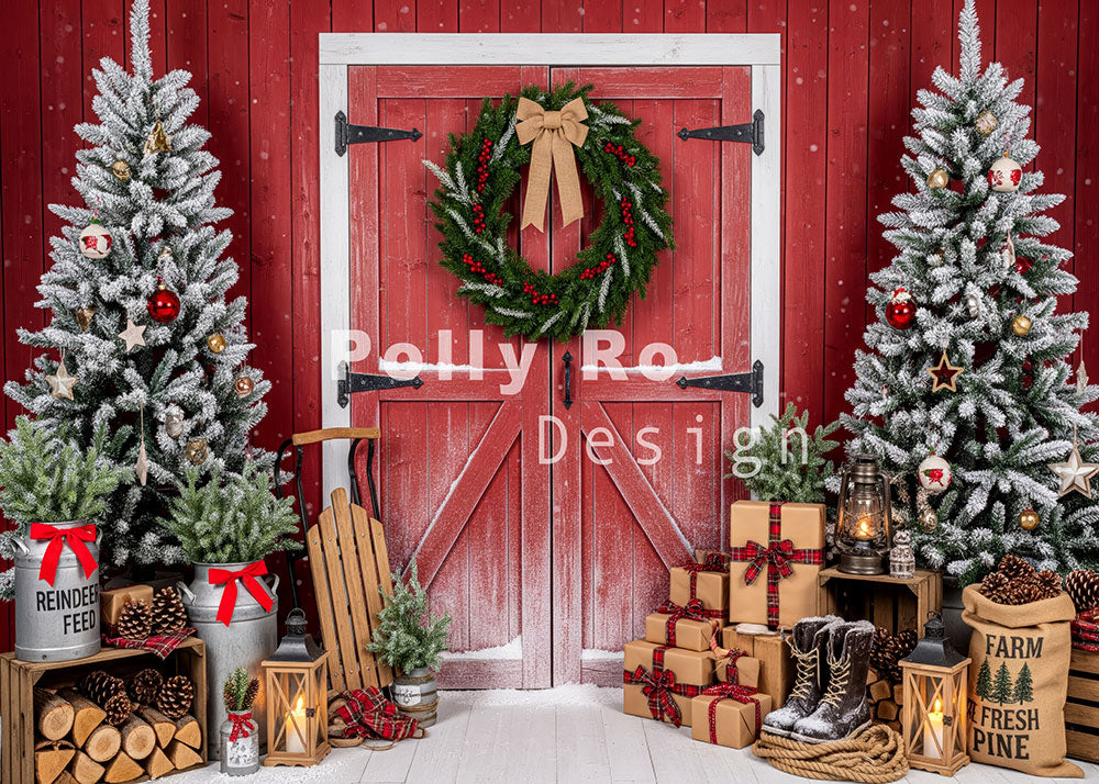 VIP Avezano Red Barn Christmas Tree Photography Backdrop by Polly Ro Design
