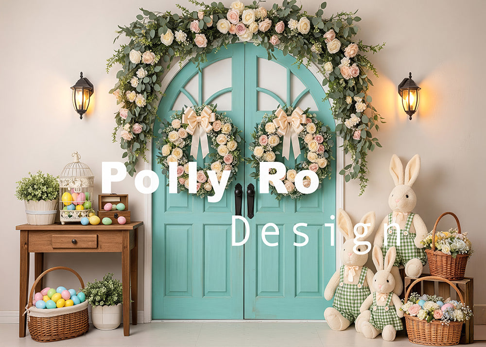 Avezano Floral Wreath Blue Door Easter Photography Backdrop Designed By Polly Ro Design