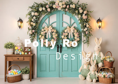 Avezano Floral Wreath Blue Door Easter Photography Backdrop Designed By Polly Ro Design